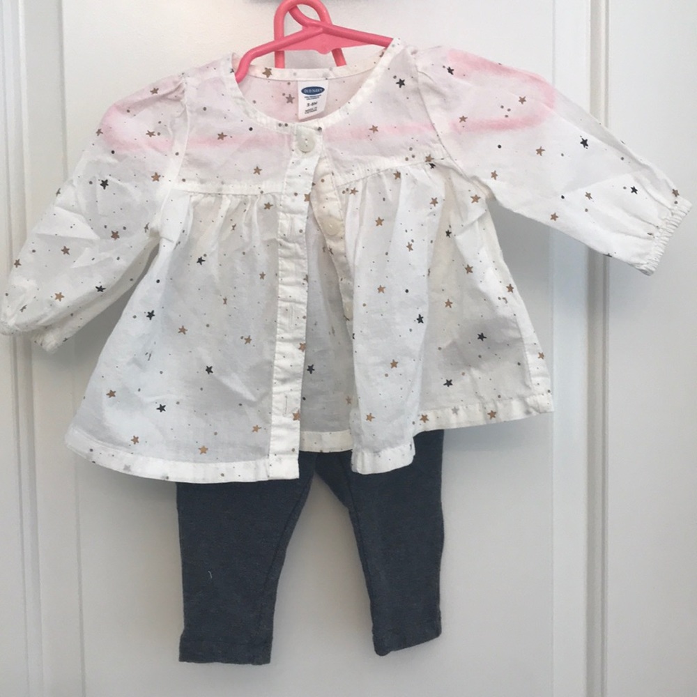 OLD NAVY Baby Girl Star Button Down Tunic Top and Legging Set Size 3-6 mnths EUC